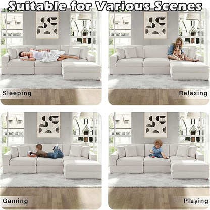 Modular Sectional Couches for Living Room, 118" Modern Upholstered Sofa Couche with Ottoman for Living Room Bedroom, Beige