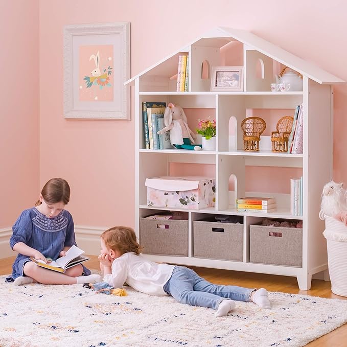 Martha Stewart Kids Deluxe Dollhouse Bookcase - Linen White Bookshelf: Wooden Book & Toy Storage Shelf Organizer | Toddler Book Organization | Kids' Tall Bookshelf for Playroom and Bedroom Storage