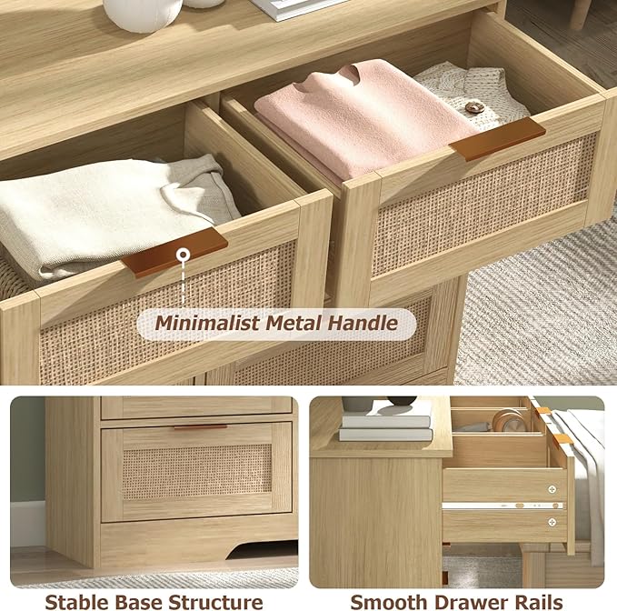 LTMEUTY 9 Drawer Dresser for Bedroom, Rattan Chest of Drawers, Modern Boho Wood Dresser Chest with Golden Handles, 55” Wide Large Storage Long Dressers Organizer for Closet, Entryway, Living Room