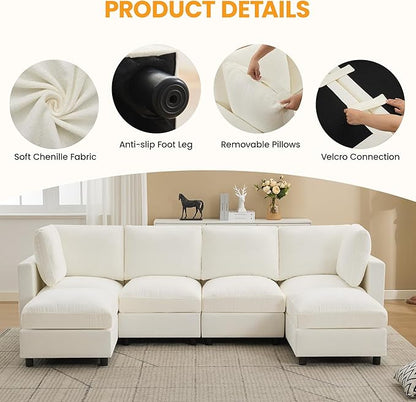 4-Seater Modular Sectional Cloud Sofa with 2 Ottomans, U-Shaped Couch for Living Room, Modern Deep Seat Sofa with Soft Back Cushions, Chenille Beige