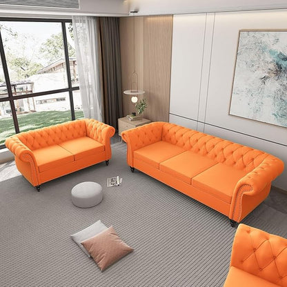 Chesterfield 3 Seater Sofa, Modern Velvet Tufted Couch 3 Seater with Rolled Arms and Nailhead Mid-Century Upholstered Couch for Living Room, Bedroom, Apartment and Office, Orange