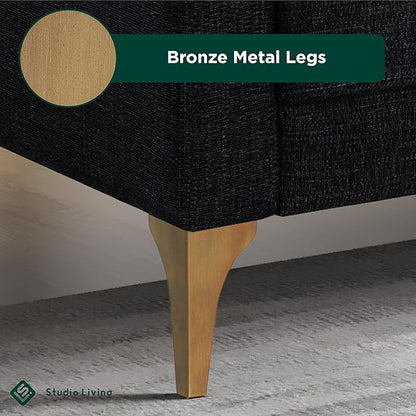 Studio Living® Matthew 75.6" Sofa, Mid-Century Modern, Pocket Coil Comfort, Metal Brushed Bronze Legs, Chenille Fabric, Black