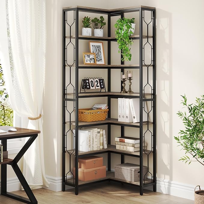 Tribesigns Corner Shelf, 7-Tier Industrial Corner Bookshelf, Wood and Metal Corner Etagere Bookcase, Freestanding Display Shelf for Living Room, Kitchen, Home Office, Gray