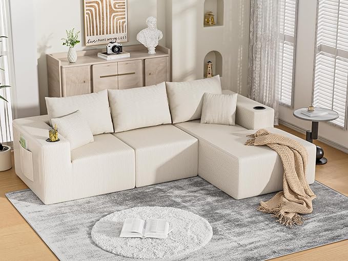 107" Cloud Sectional Couch, Modular Sectional Sofa with L-Shape Chaise, Corduroy Boneless Couch with Deep Seat, Upholstered Sofa for Living Room, No Assembly Required(Right-Facing Chaise, White)