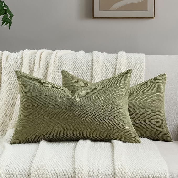 FUTEI Moss Green Chenille Throw Pillow Covers 12x20 Inch Set of 2,Soft Wide Chevron Textured Lumbar Pillow Cases,Farmhouse Home Decor for Couch Bed Living Room
