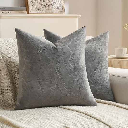 FUTEI Dark Grey Velvet Throw Pillow Covers 20x20 Inch Set of 2,Soft Embossed Leaf-Relief Textured Cushion Cases,Natural Home Decor for Couch Living Room