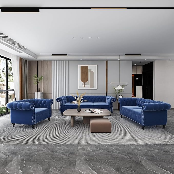 Chesterfield 3 Seater Sofa, Modern Velvet Tufted Couch 3 Seater with Rolled Arms and Nailhead Mid-Century Upholstered Couch for Living Room, Bedroom, Apartment and Office, Blue