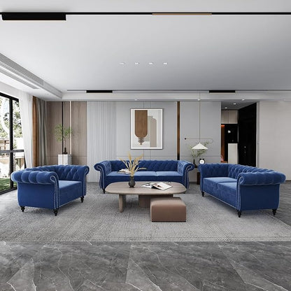 Living Room Chair, Modern Velvet Chesterfield Sofa Chair, Mid Century Single Sofa Couch Chair with Tufted Back and Rolled Arms, Accent Sofa Chair for Living Room Apartment, Blue