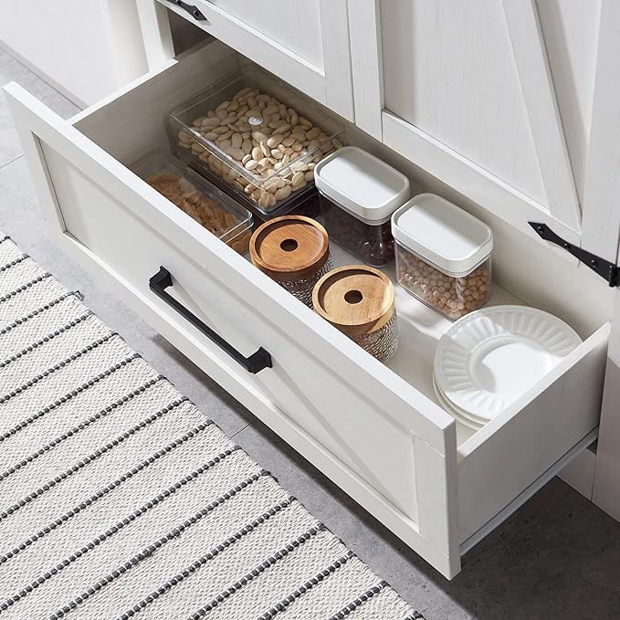 72" Tall Wood Storage Cabinet, Farmhouse Kitchen Pantry Cabinet with Adjustable Shelves & Drawer & Barn Doors, Versatile Storage for Kitchen, Dining Room, Bathroom, Antique White