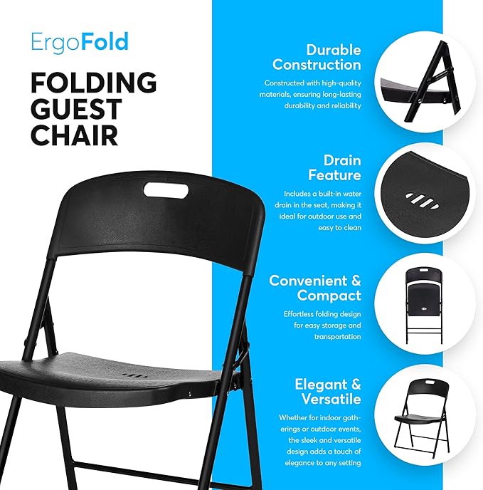 Oline Folding Chair, Indoor Outdoor Plastic Commercial Stackable Foldable Guest Chairs for Events Office Wedding Party Picnic Kitchen Dining, 350lb Capacity (Black, 6 Pack)