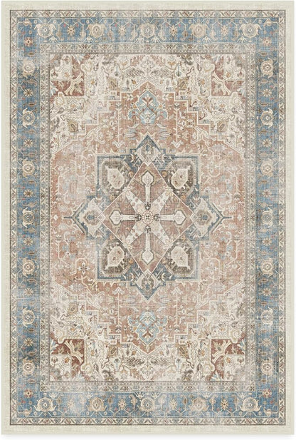 RUGGABLE Washable Vintage Area Rug – Kamran Coral 4x6, Stain-Resistant, Non-Slip – Medium Machine Washable Rugs for Living Room, Bedroom, Hallway, Entryway & Office–with Cushioned Pad