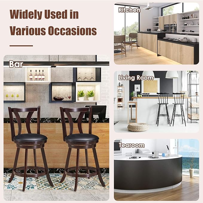COSTWAY Bar Stools Set of 4, 360-Degree Swivel Stools with Leather Padded Seat, Single Slat Back & Solid Rubber Wood Legs, Counter Height Stools for Pub, Restaurant, Kitchen, Brown (4)