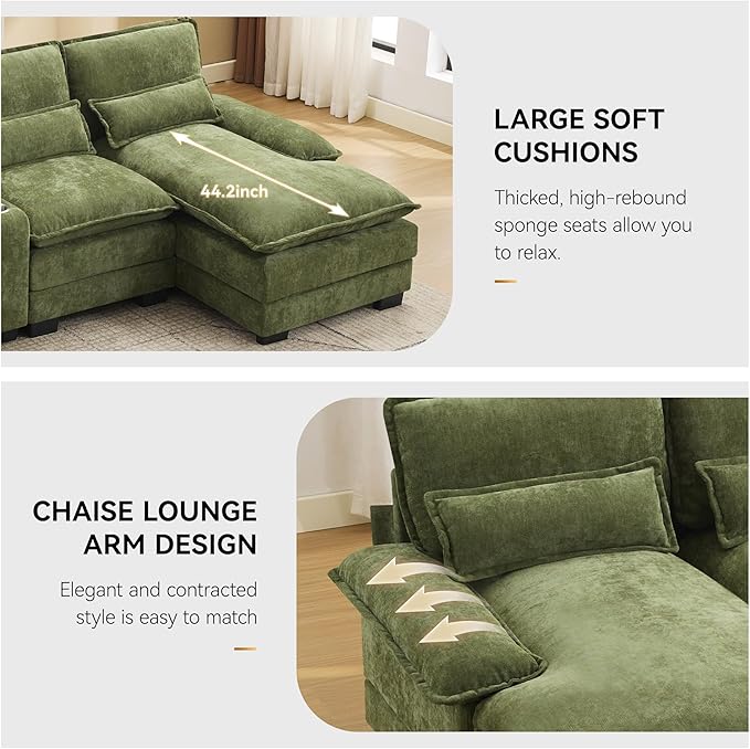 125'' U Shaped Cloud Modular Sofa with Chaise Lounges, Chenille Upholstered Comfy Sectional Couch with Storage Console, USB Charging Ports & Cup Holders, Small Deep Seat Sofa for Living Room, Green