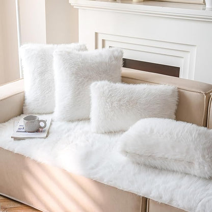 Neelvin Cream White Faux Fur Cozy Fluffy Double-Sided Decorative Throw Pillow Covers 24x24 inch Set of 2,Velvet Pillowcase Cushion Case for Sofa Couch