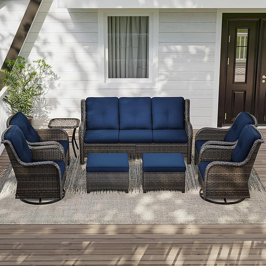 Wicker Patio Furniture Set 8-PCS with A 3-Seat Sofa, 2 Swivel Rocking Chairs, 2 Armchairs, 2 Ottomans and 1 Side Table Patio Conversation Set, Blue