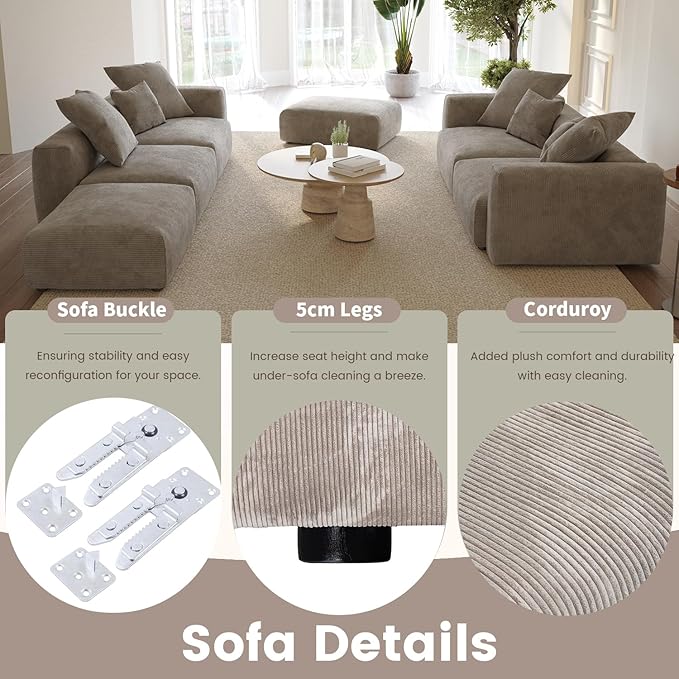 WJShome Cloud Couch Modular Sectional Sofa,102inch Corduroy Couch 2 Seater LoveSofa,Brown Convertible Sectional Sofa for Living Room, Cushion Covers Removable& Washable