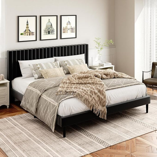 King Size Bed Frame, King Size Platform Bed Frame and Velvet Upholstered Headboard with Strong Wood Slats, Box Spring Optional, Mattress Foundation, Easy Assembly Black