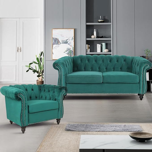 2 Piece Living Room Furniture Set, Velvet Loveseat and Chair Set, Mid Century Modern Upholstered Sofa Couch with Cushions, Comfy Tufted Chesterfield Couches for Living Room, Bedroom, Office