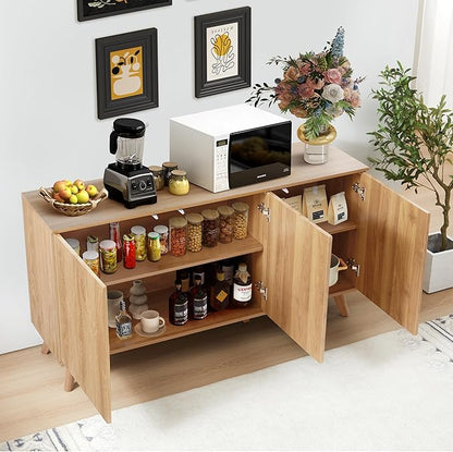 Fluted Sideboard Buffet Cabinet with Storage, Modern Storage Cabinet with 3 Doors, Wood Credenza Buffet Sideboards, Bar Cabinets Console Table for Kitchen Dining Living Room Entryway (Natural)