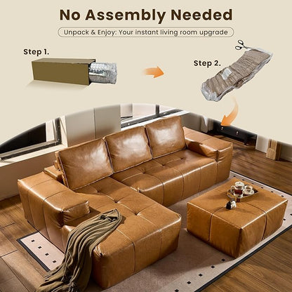 114" Cloud Sectional Couch with L-Shape Chaise & Ottoman, Modern Boneless Couches for Living Room, Fluffy Tufted Deep Seat Modular Sofa No Assembly (Faux Leather,Brown,Left Facing)