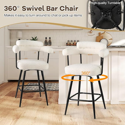 COSTWAY Counter Height Bar Stools Set of 2, 27" Swivel Modern Upholstered Counter Chairs with Boucle Fabric, Curved Backrests & Metal Legs, for Kitchen Island, Home, Pub (2, White + Black)