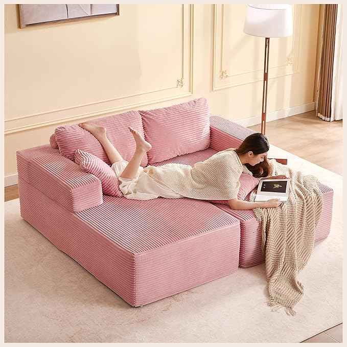 Chaise Lounge Chair, Boneless Couch for Living Room and Bedroom, Sleeper Couches Reading Chairs, Corduroy, Pink