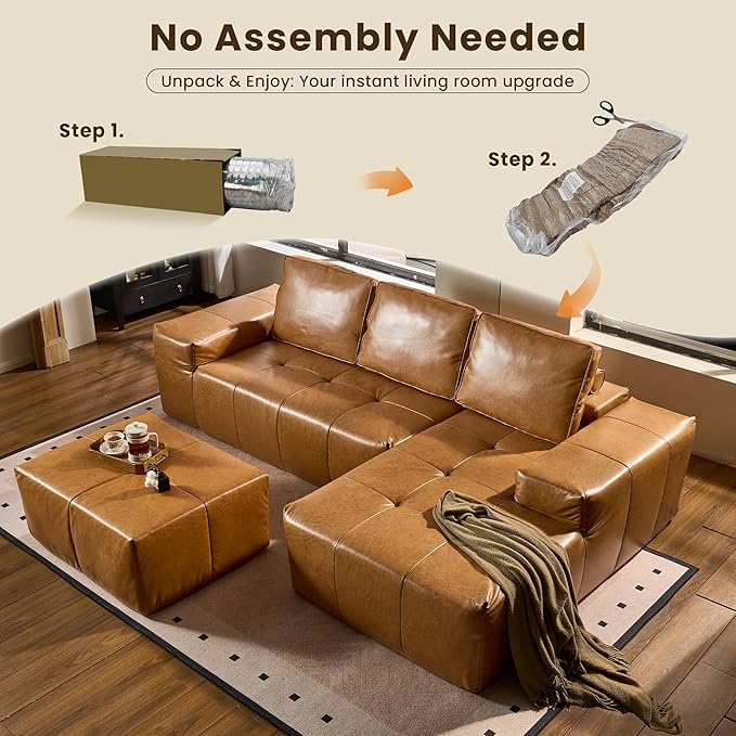 114" Cloud Sectional Couch with L-Shape Chaise & Ottoman, Modern Boneless Couches for Living Room, Fluffy Tufted Deep Seat Modular Sofa No Assembly (Faux Leather,Brown,Right Facing)