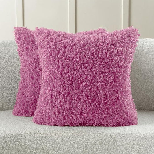 FUTEI Hot Pink Decorative Throw Pillow Covers 26x26 Inch Set of 2,Soft Fluffy Faux Wool Fur Boucle Textured Pillow Shams,Modern Home Decor for Couch Bed Living Room Office