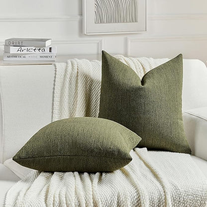 FUTEI Moss Green Chenille Decorative Throw Pillow Covers 18x18 Inch Set of 2,Soft Cozy Faux Linen Textured Cushion Case,Farmhouse Home Decor for Couch Living Room