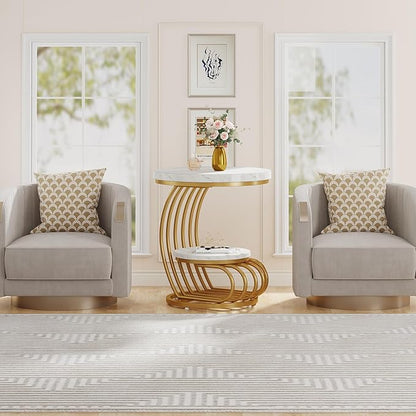 Tribesigns Gold Round End Table: 2 Tiers Side Table Set of 2 with Storage Shelf, Modern White Gold Bedside Nightstand, Metal Faux Marble Accent Table for Living Room
