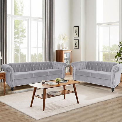 Home Sofa Living Room Furniture, 3 Seater 84" Velvet Upholstered Couch, Mid Century Modern Comfy Couch with Cushions, Classic Tufted Chesterfield Couches for Bedroom, Office, Apartment (Grey)