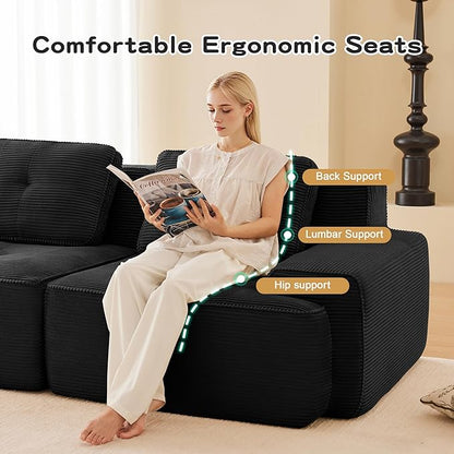 115.3” Black Boneless Couches for Living Room, Modular Sectional Sofa, 3 Seater Comfy Upholstered Deep Seat Corduroy Fabric Cloud Couch No Assembly, Anti-Slip Design