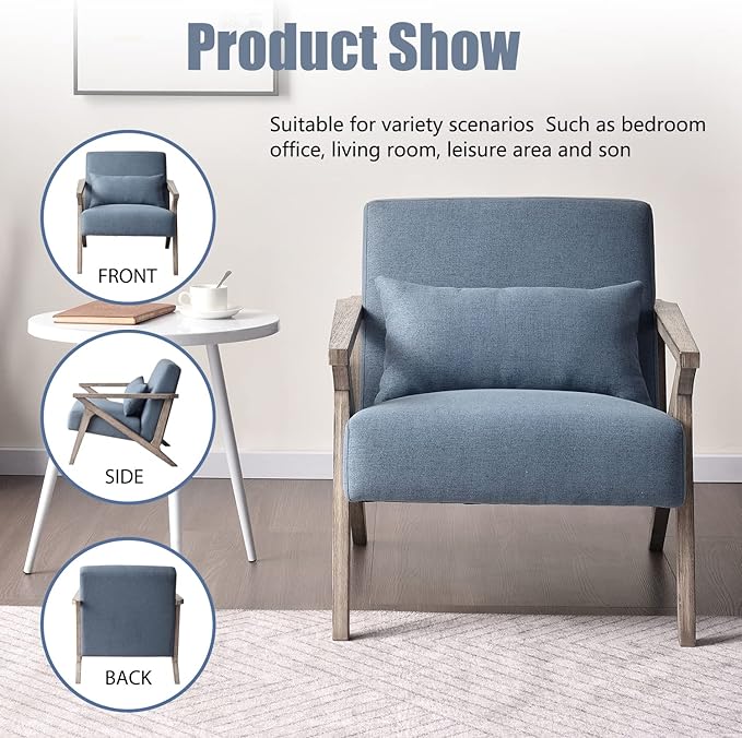 INZOY Mid Century Modern Accent Chair Set of 2 with Wood Frame, Upholstered Armchair with Waist Cushion, Accent Chair for Living Room Bedroom Apartment, Easy Assembly, Blue