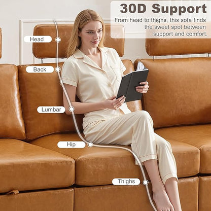 126.8" Modular Sectional Storage Sofa, Oversized Faux Leather U Shaped Couch with 2 Ottoman, Cloud Couch with Headrest & Side Pockets, Sectional Sofas for Living Room Apartment Small Spaces, Brown