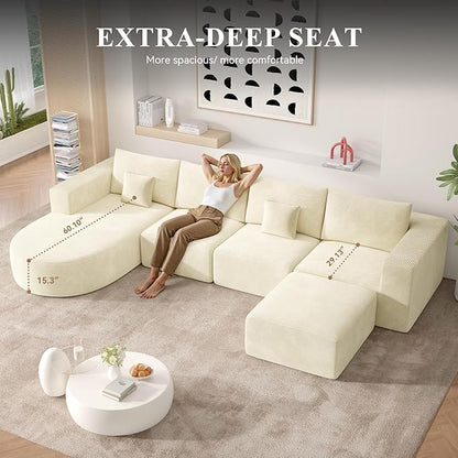 134" Boneless Couches for Living Room,Modular Sectional Sofa with Ottoman,Cloud Couch in a Box,Sponge Compression U Shaped Sofas with Chaise No Assembly Required(Beige-Corduroy Fabric) 1pcs