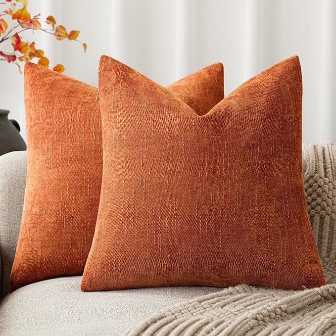 Foindtower Pack of 2 Soft Textured Chenille Throw Decorative Pillow Covers Square Accent Solid Cushion Cover Cozy Neutral Farmhouse Pillow Case for Couch Sofa Bedroom Living Room 16x16 Inch,Orange