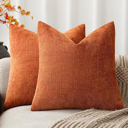 Foindtower Pack of 2 Soft Textured Chenille Throw Decorative Pillow Covers Square Accent Solid Cushion Cover Cozy Neutral Farmhouse Pillow Case for Couch Sofa Bedroom Living Room 22x22 Inch,Orange
