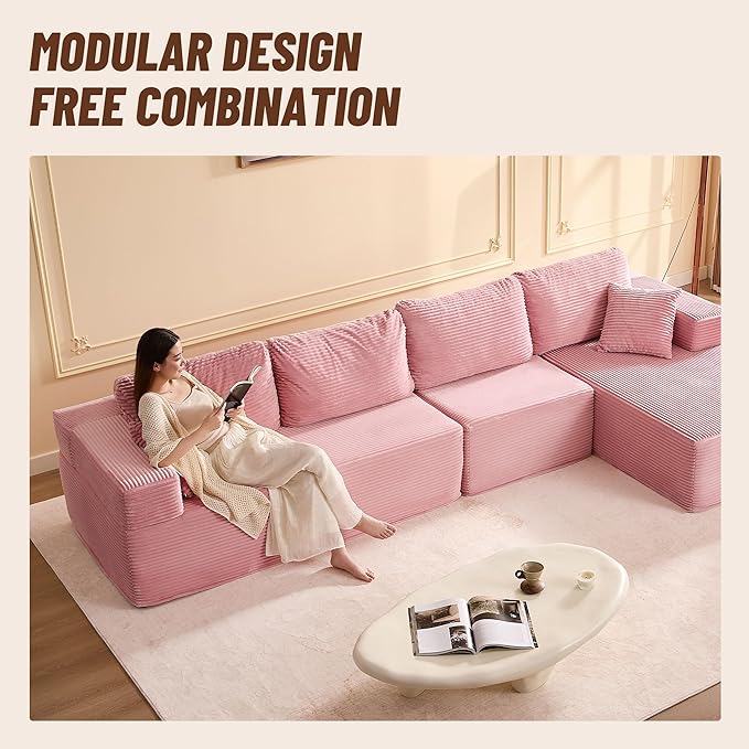 138" Boneless Couch with Deep Seat, Modular Sectional Sofa, Cloud Sectional Couch for Living Room, No Assembly Required, Corduroy, 4 Seater L-Shape Right, Pink