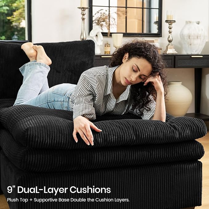 Belffin Large Modular Sectional Sofa with Double Deep Chaise, 104" Corduroy U Shaped Couch with 9" Soft Dual-Layer Seats Cushion Sectional Couches for Living Room, Apartment, Black