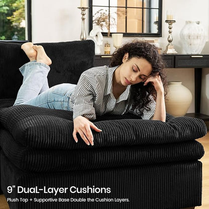Belffin Large Modular Sectional Sofa with Double Deep Chaise, 104" Corduroy U Shaped Couch with 9" Soft Dual-Layer Seats Cushion Sectional Couches for Living Room, Apartment, Black