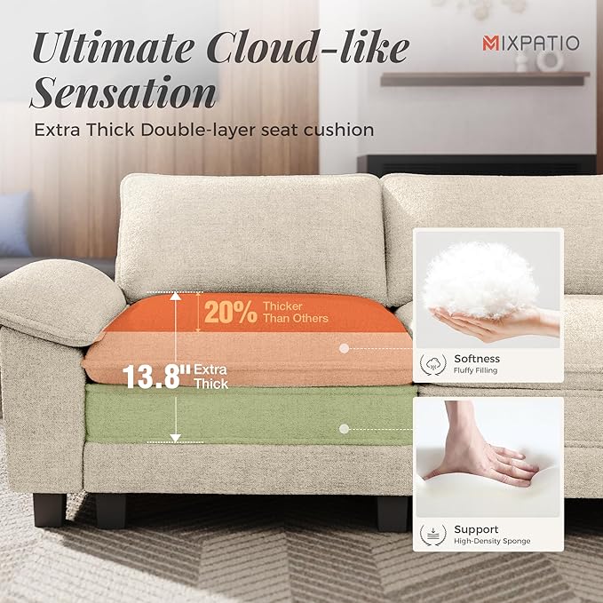 L-Shaped Cloud Modular Sofa Set with Chaise, Deep Seat 3-Piece Sectional & Removable Arms, Plush Chenille for Living Room - Beige