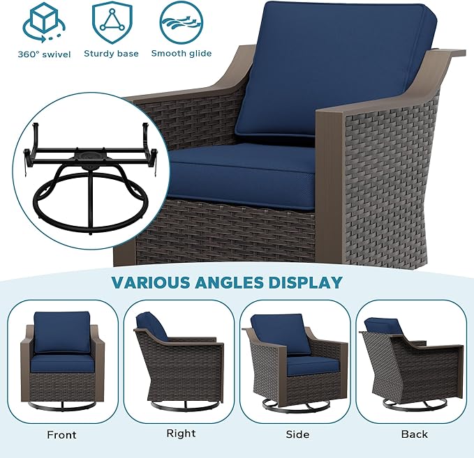 Patio Swivel Chairs Set of 2, Metal Wicker Conversation Furniture Set, Upholstered & 360 Degree Glider Rockers Armchairs, PE Rattan, Metal armrests, Terrace (Navy Blue)