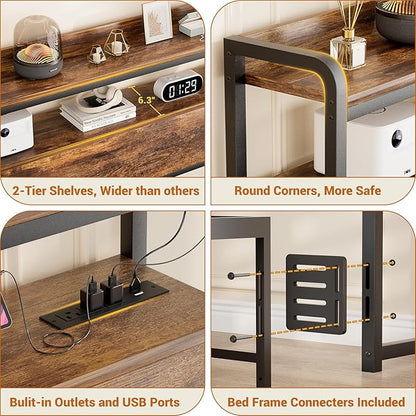 Aheaplus Headboard for King Size Bed Frame, Headboards with Outlets, USB Ports and LED Light, Head Board with Storage, Height Adjustable, Sturdy and Stable Headboard, King Size, Rustic Brown