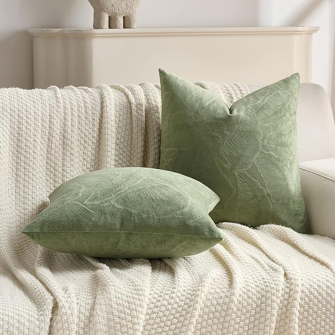 FUTEI Sage Green Velvet Throw Pillow Covers 16x16 Inch Set of 2,Soft Embossed Leaf-Relief Textured Cushion Cases,Natural Home Decor for Couch Living Room