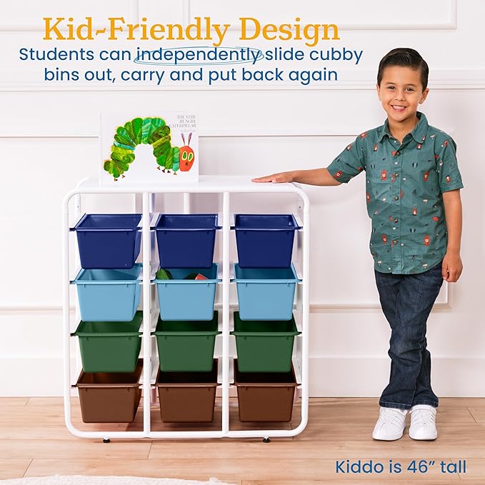ECR4Kids 4-Tier Storage Rack with 12 Cubby Bins 4x3, Multipurpose Organization, Earthtone
