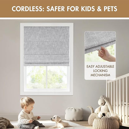 Madison Park Cordless Roman Shades, Total Blackout Window Blind Privacy Window Shades, Thermal Insulated Cordless Window Treatment for Bedroom, Living Room, Quincy, Single Panel 33"W x 64"H Light Grey