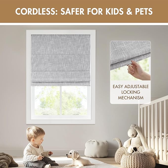 Madison Park Cordless Roman Shades, Total Blackout Window Blind Privacy Window Shades, Thermal Insulated Cordless Window Treatment for Bedroom, Living Room, Quincy, Single Panel 34"W x 64"H Light Grey