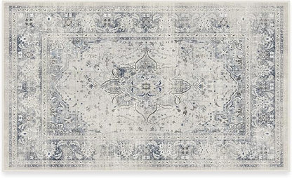 RUGGABLE Washable Vintage Area Rug – Sarrah Blue Quartz 3x5, Stain-Resistant, Non-Slip – Small Machine Washable Rugs for Living Room, Bedroom, Hallway, Entryway & Office–with Cushioned Pad