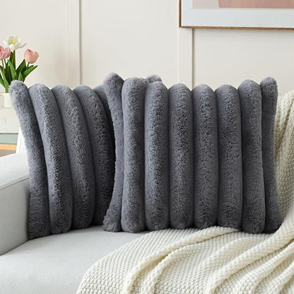 FUTEI Grey Decorative Throw Pillow Covers 20x20 Inch Set of 2, Square Soft Faux Rabbit Fur Thick Striped Cushion Cover,Winter Home Decor for Couch Bed Living Room