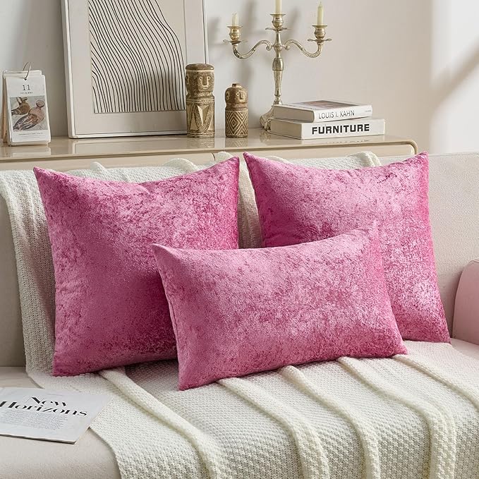 FUTEI Hot Pink Flannel Throw Pillow Covers 12x20 Inch Set of 2,Soft Dimensional Textured Lumbar Pillow Cases,Modern Home Decor for Couch Living Room